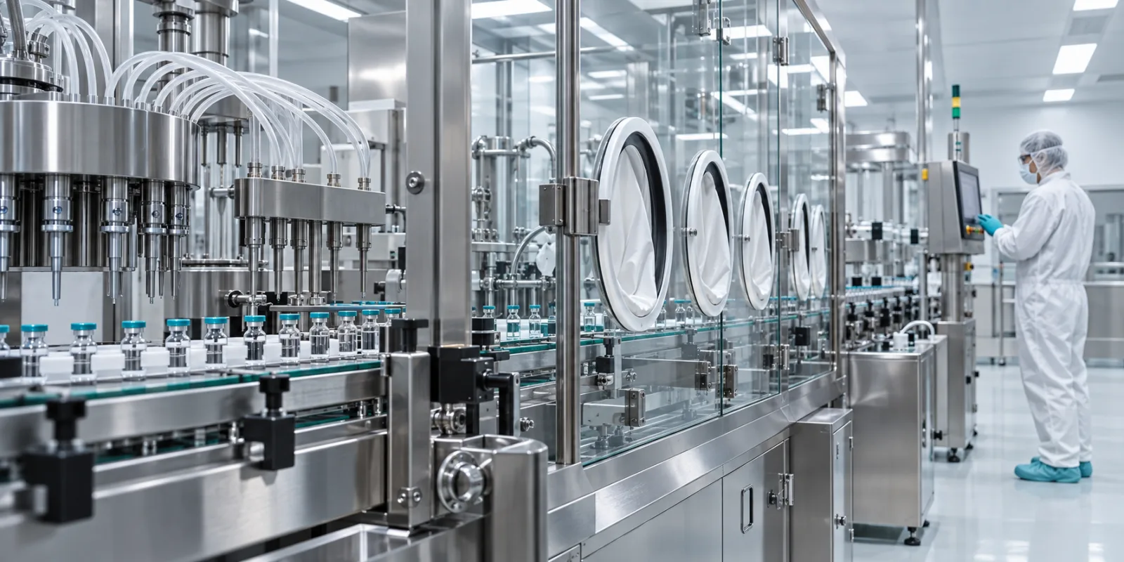 Automated sterile pharmaceutical filling line in a cleanroom