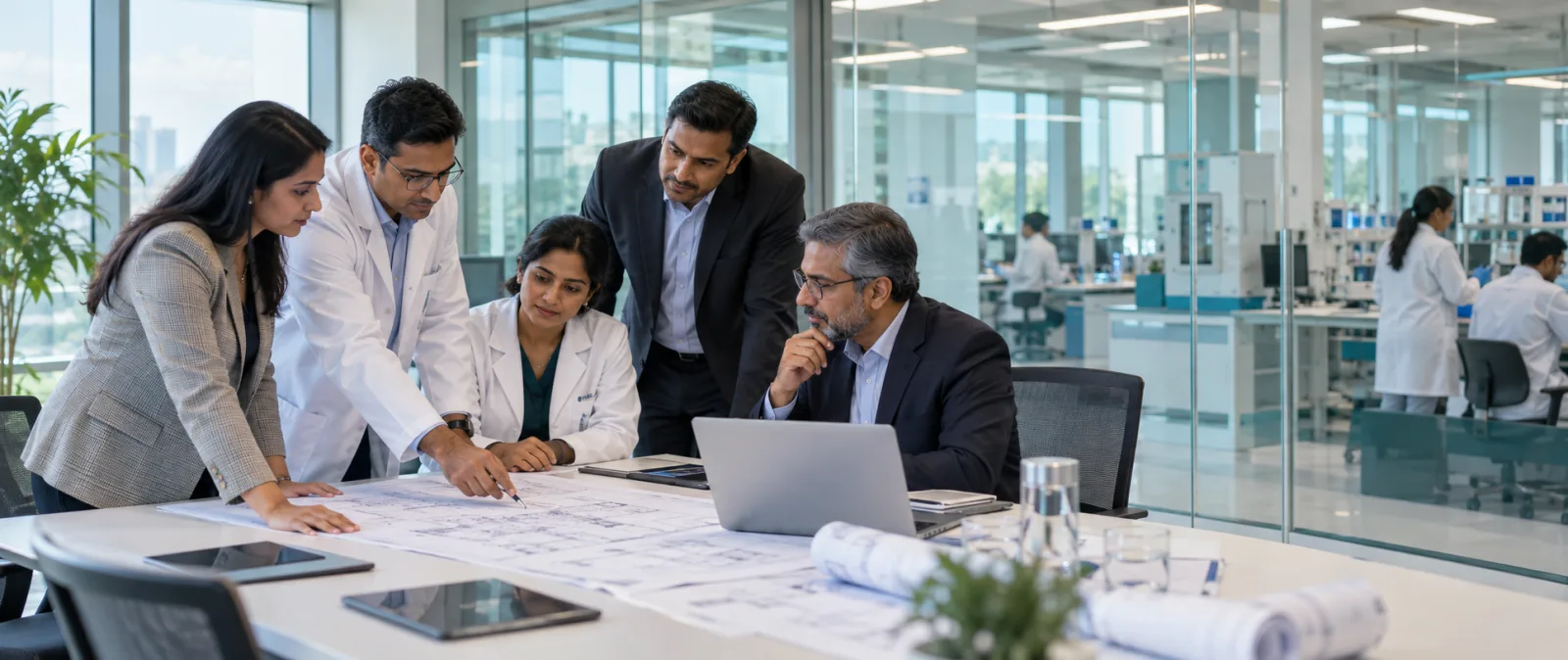 Pharmaceutical leadership and science team reviewing facility plans