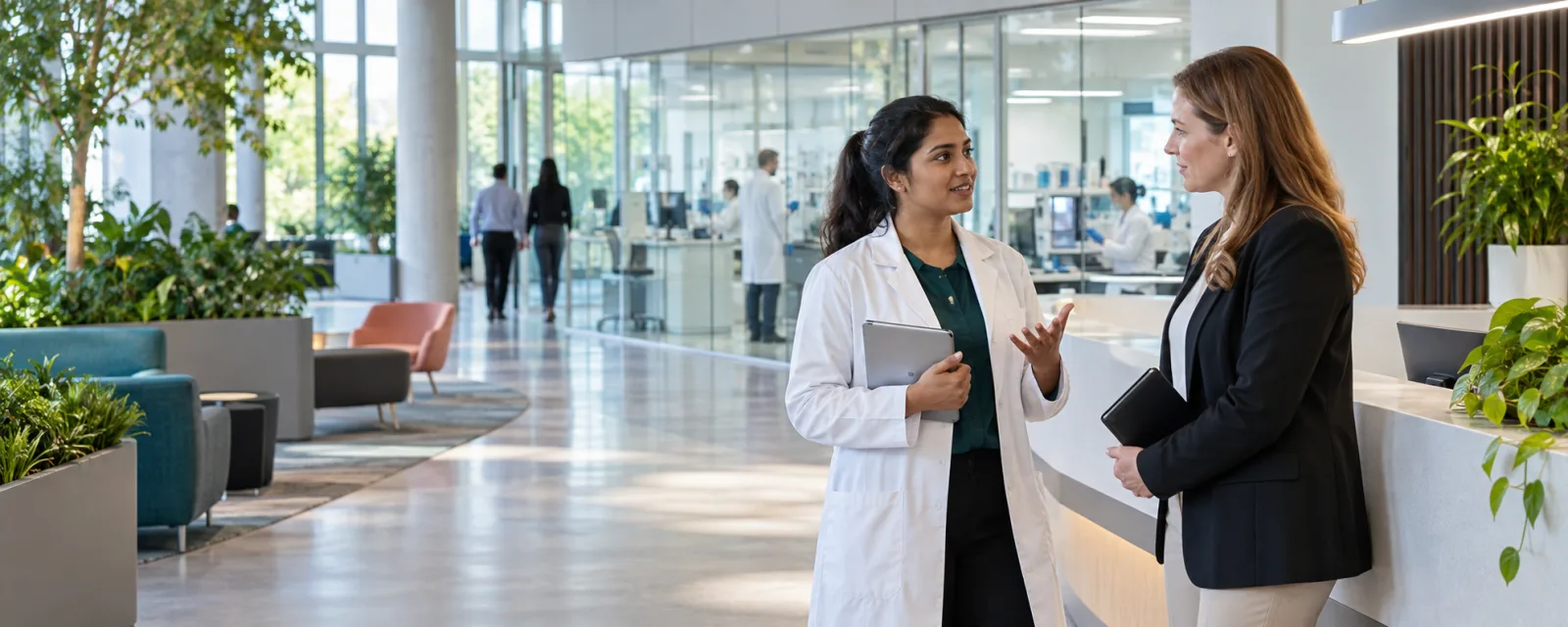 Scientist speaking with a recruiter in a modern pharmaceutical workplace