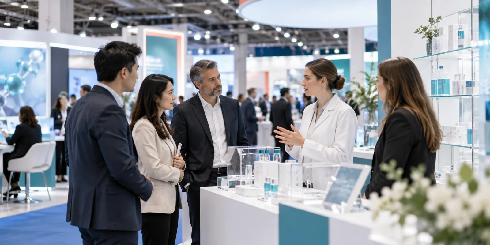 Technical representatives meeting visitors at a pharmaceutical exhibition