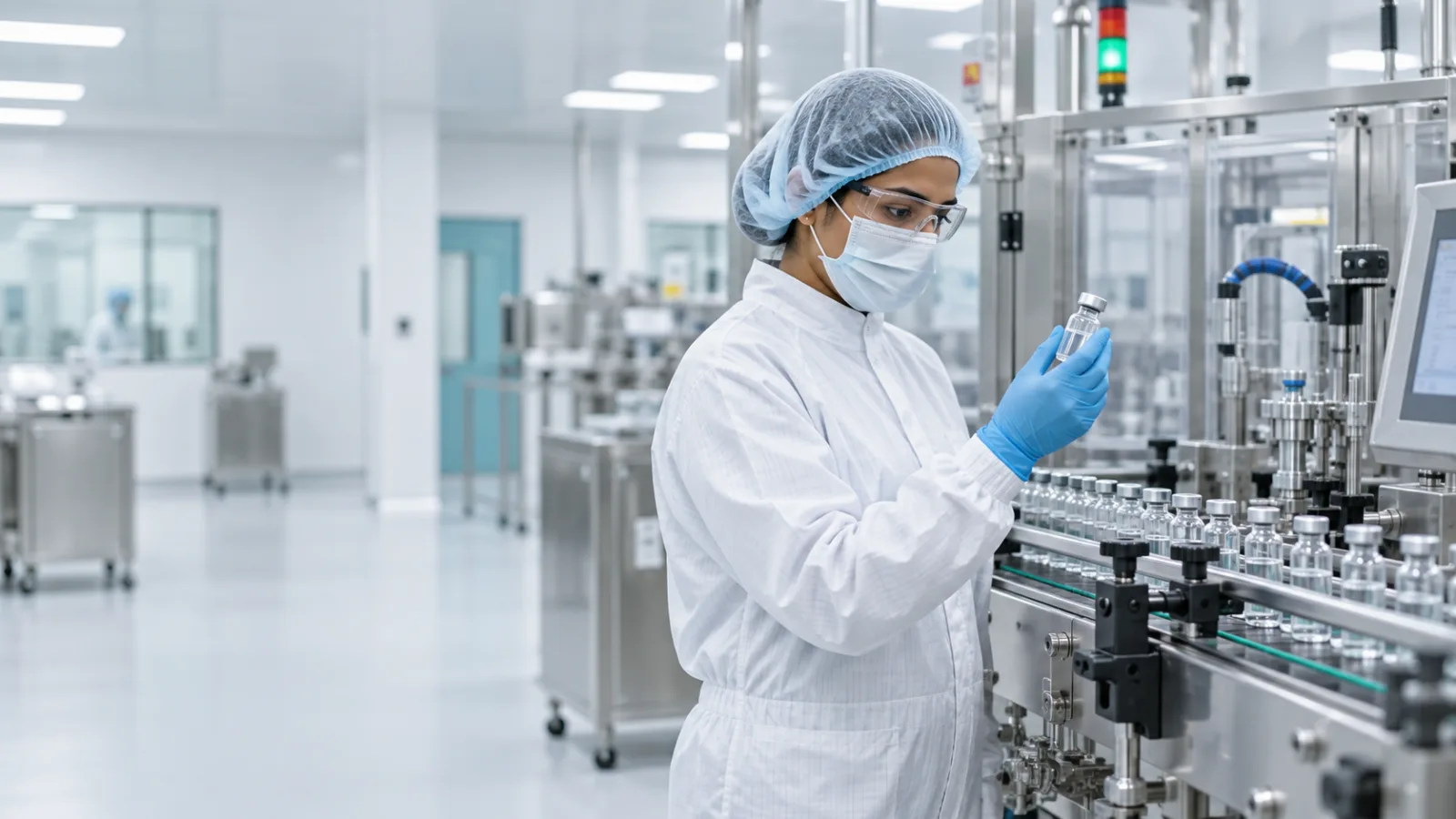 Scientist inspecting a vial in a modern pharmaceutical production environment