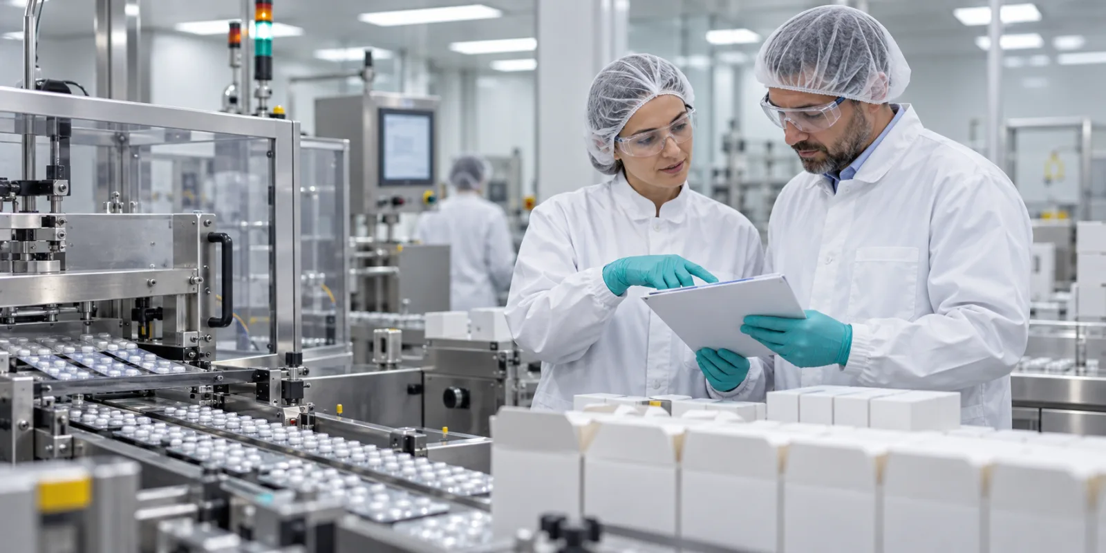 Technical specialists reviewing pharmaceutical packaging operations